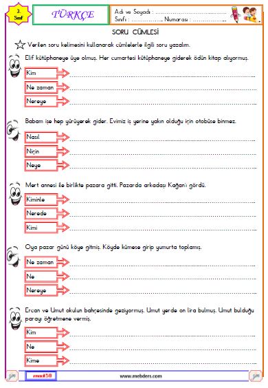 3. Sınıf Türkçe Soru Cümlesi Etkinliği